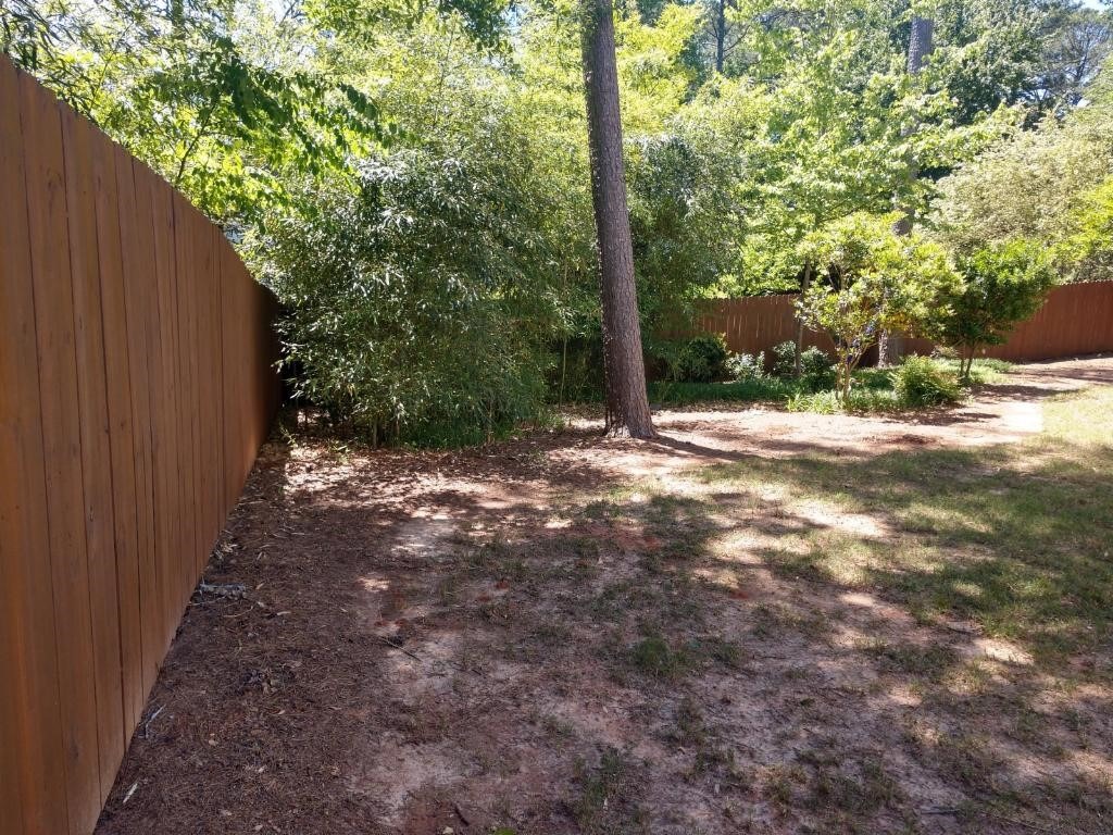 Sunny backyard with grass, trees, and a tall brown wooden fence lining the perimeter. Shadows create patterns on the ground.