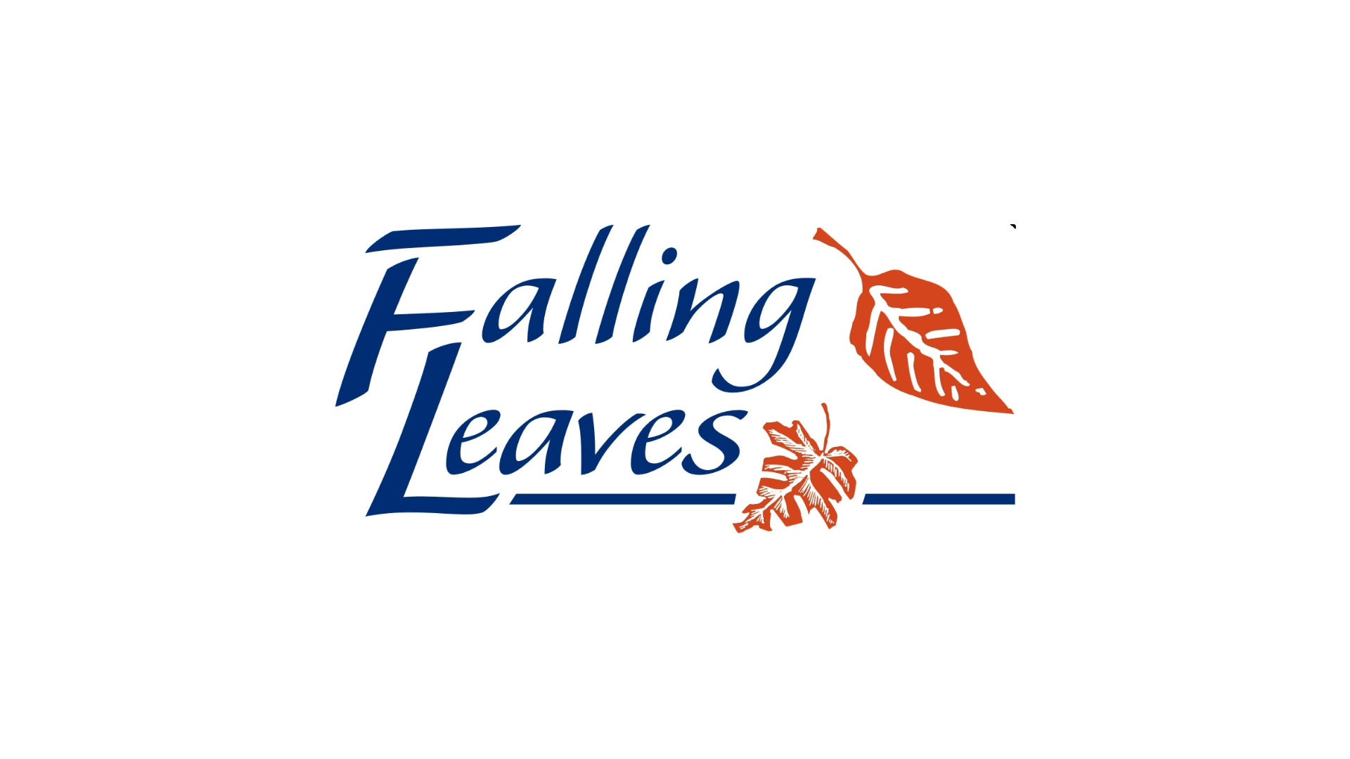 Stylized text "Falling Leaves" with two red leaves and a horizontal line; simple, bold autumn-themed design on a white background.