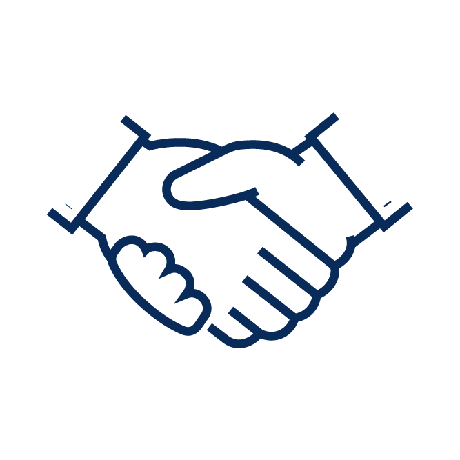 Drawing of two hands shaking, representing agreement or partnership. Simple, minimalist style in dark blue lines against a white background.