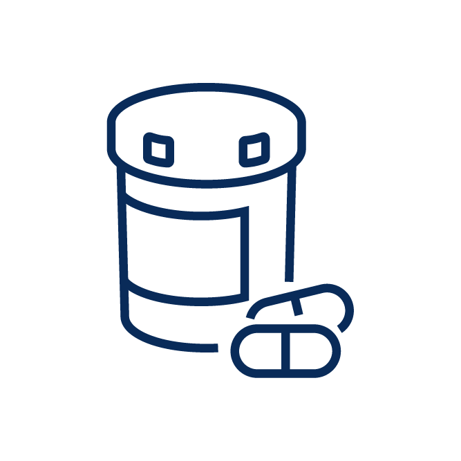 Line drawing of a pill bottle with capsules beside it on a white background. Simple medical or pharmaceutical icon.