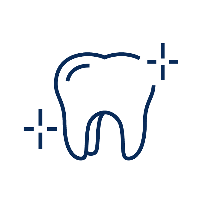 Abstract line drawing of a clean tooth surrounded by sparkling stars on a white background, symbolizing dental hygiene and cleanliness.