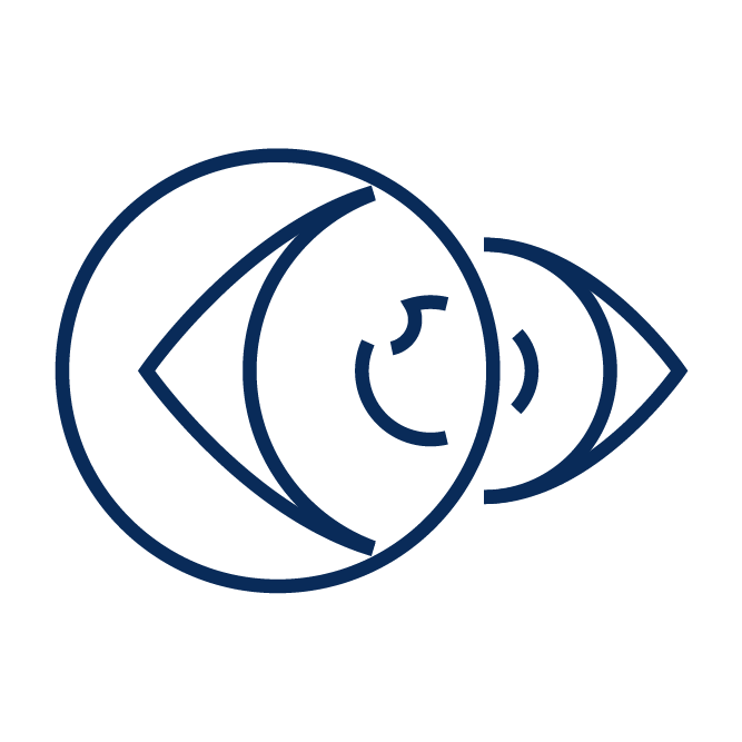 Abstract geometric design featuring overlapping circles and lines forming eye-like shapes, rendered in blue on a white background.