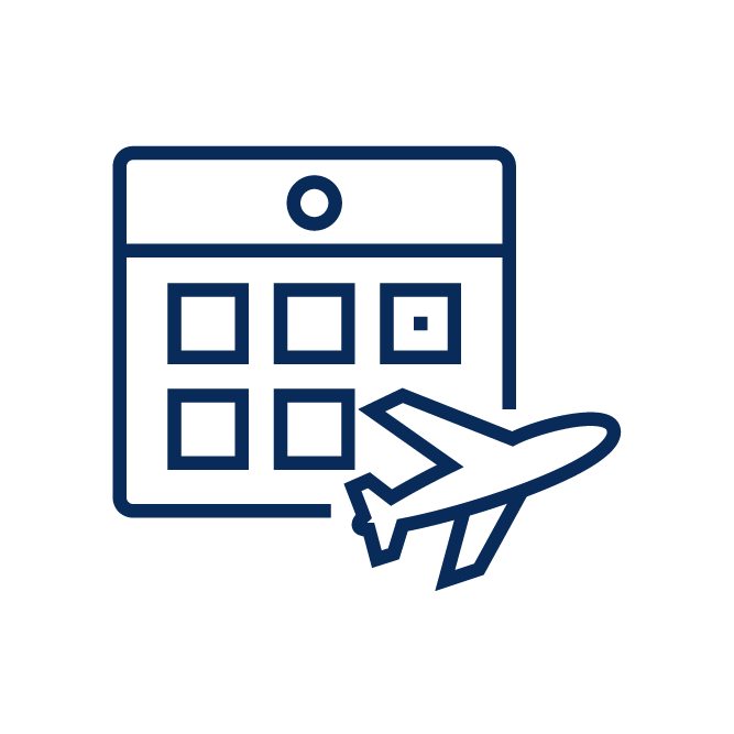 Icon depicting a calendar with an airplane overlay, symbolizing travel planning or scheduled flights. Simple line art design in blue.