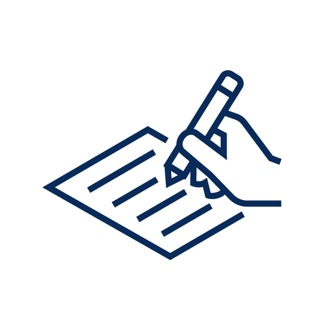 A person icon holding a pencil writes on a sheet of lined paper, depicted in a simple blue line drawing.