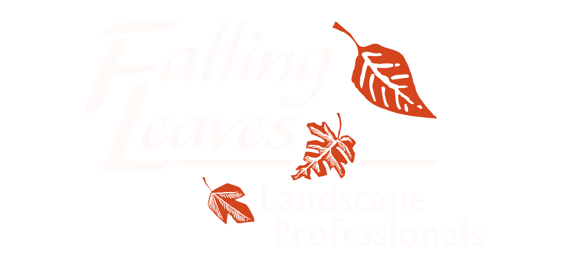 Logo of "Falling Leaves Landscape Professionals" featuring stylized leaves in orange. White text on a green background with decorative leaf illustrations.