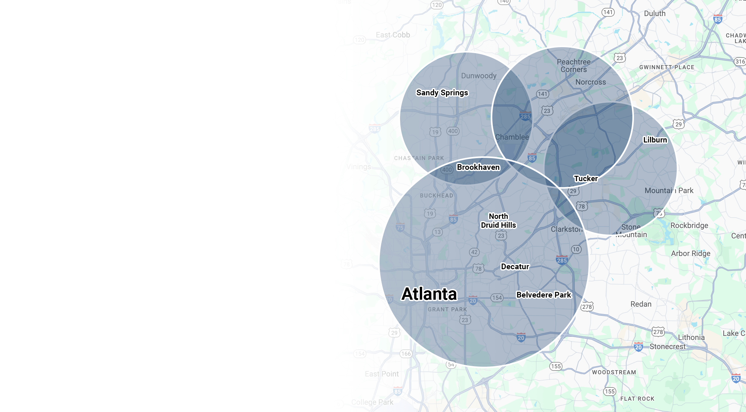 Map highlighting Atlanta and surrounding areas: Sandy Springs, Brookhaven, North Druid Hills, Tucker, Decatur, Lilburn, Belvedere Park, Stone Mountain.