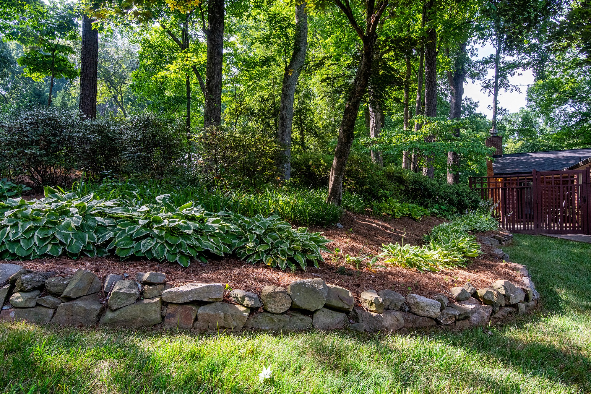 A serene garden with lush greenery, rock-lined flower beds, and towering trees. A wooden fence encloses a small structure in the background.