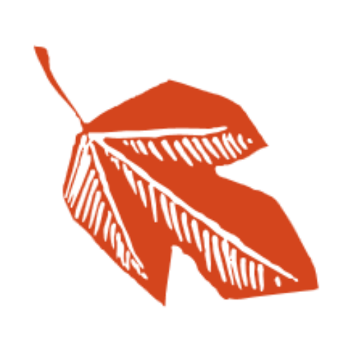 This image features a stylized, red leaf illustration with prominent white lines detailing its veins, set against a plain white background.