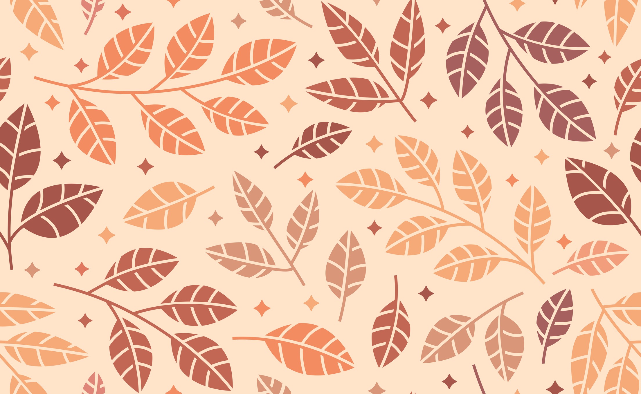 Autumn leaves pattern in shades of orange and brown on a light background, featuring simple leaf designs and scattered diamond shapes.
