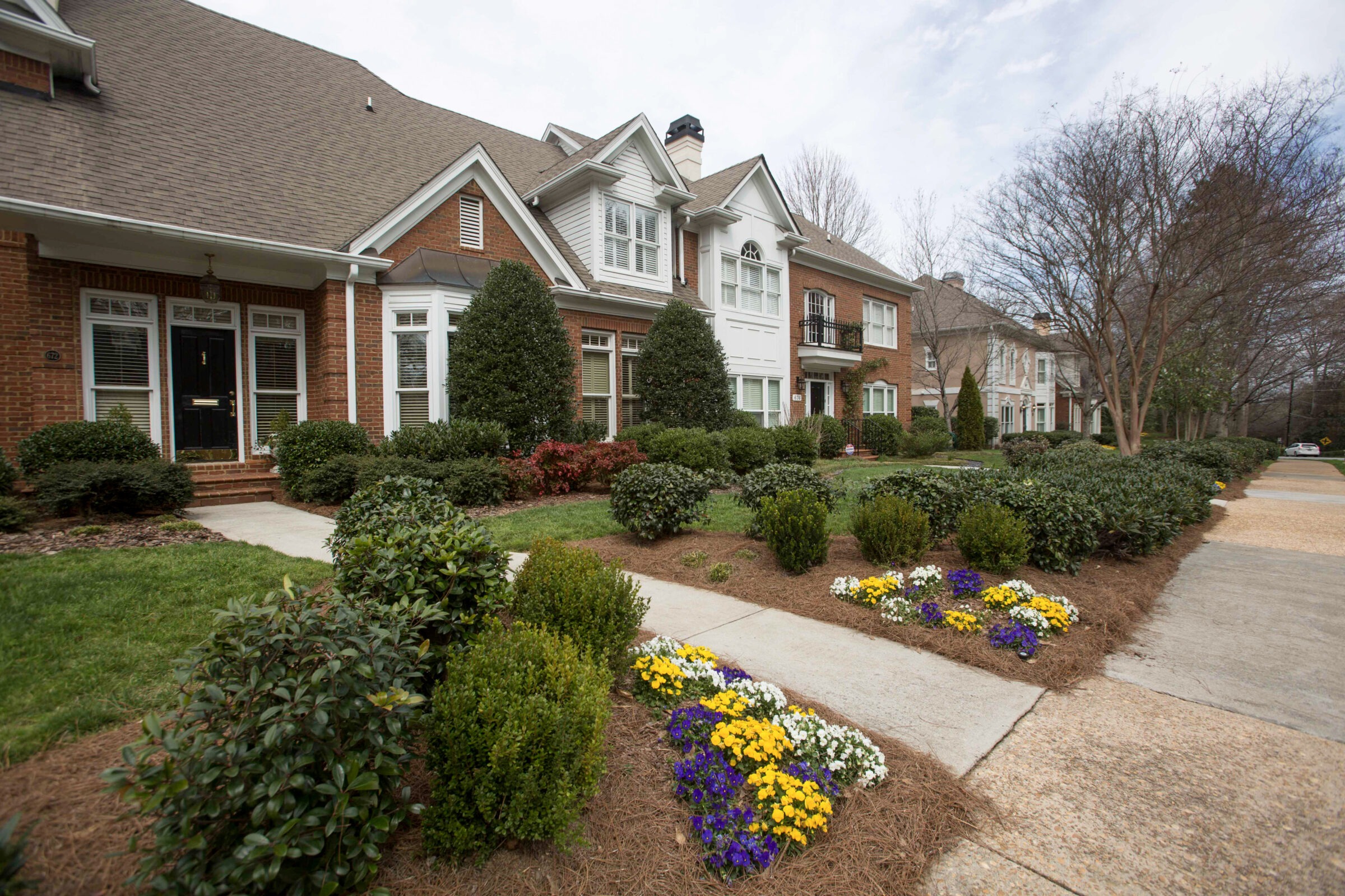 Suburban street with brick houses, landscaped gardens, and blooming flowers. Sidewalks line the scene, with trees and a clear sky in the background.