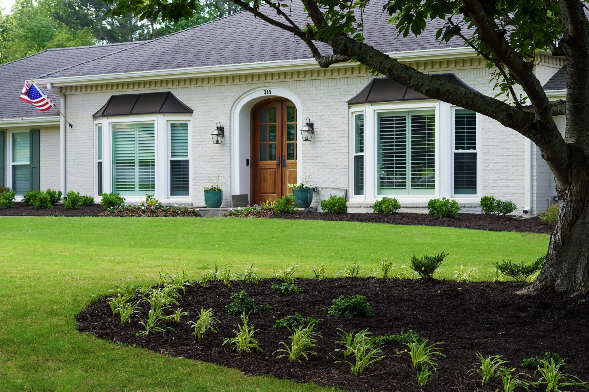 A brick house with a landscaped yard features young plants and a small tree, surrounded by lush greenery.